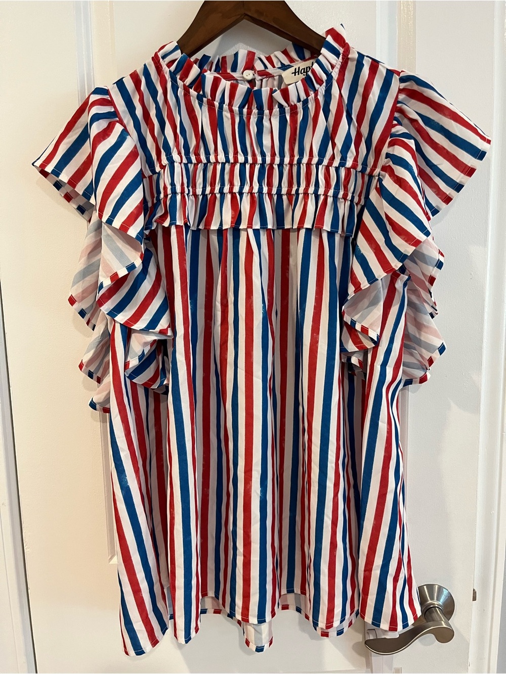 Red, White & Blue Striped Ruffle Sleeve Blouse